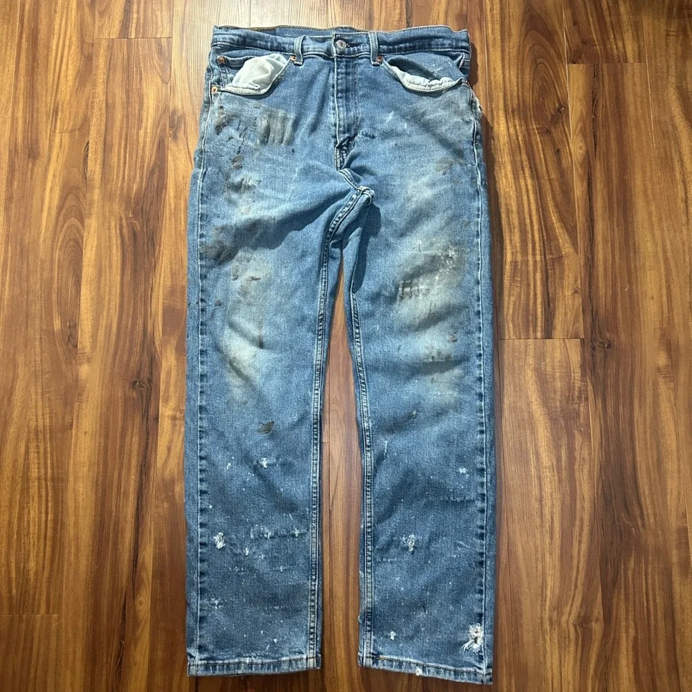 Levis 505 Regular Fit Blue Jeans Mens 34x30 Distressed Paint Splatter Thrashed